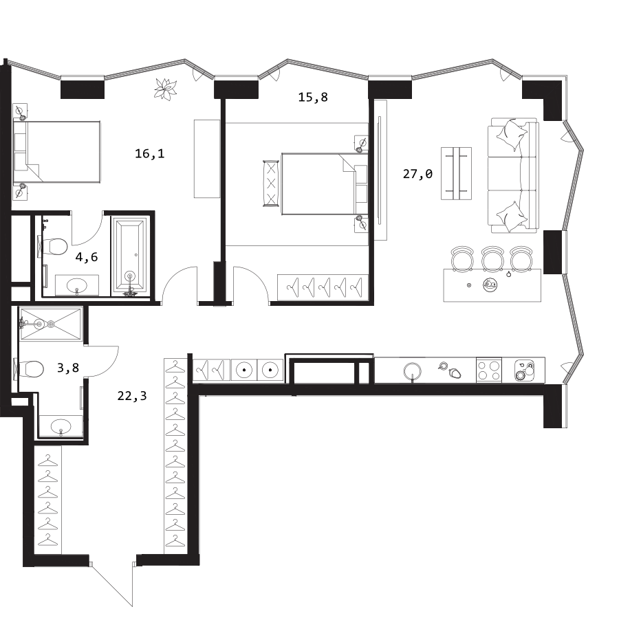 Планировка — A. Residence, 3-комн., 90 м²