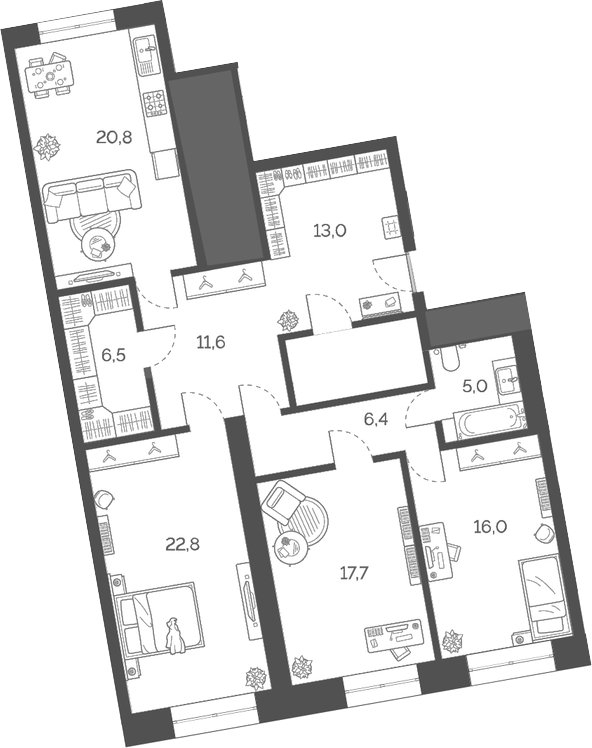 Планировка — Лайм, 4-комн., 125 м²