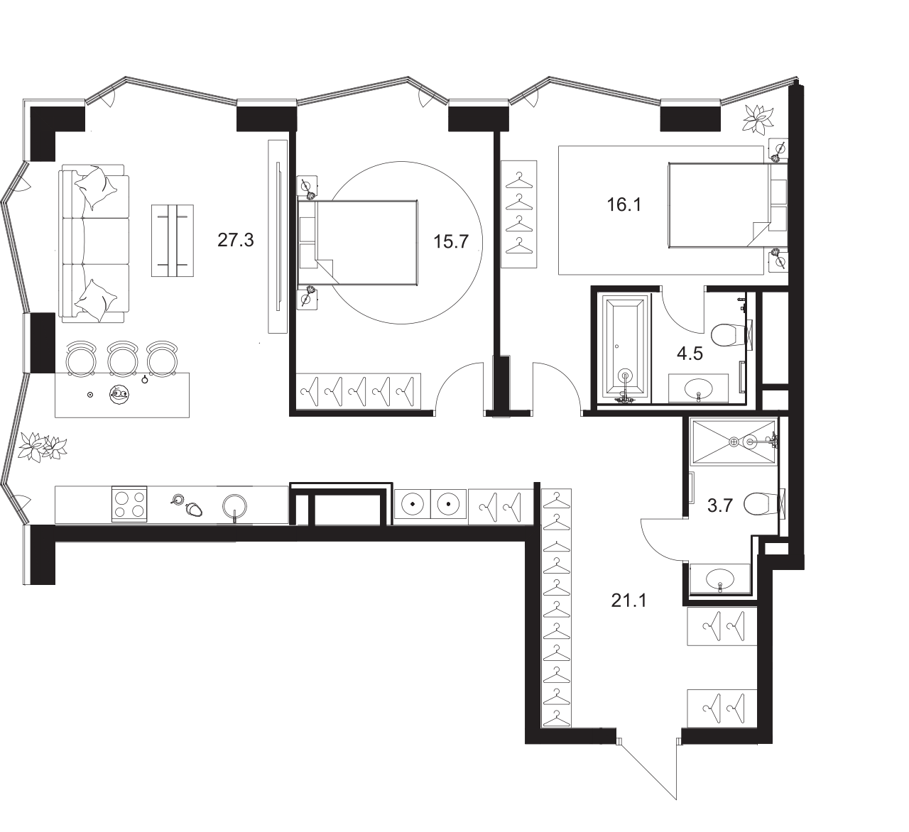 Планировка — A. Residence, 3-комн., 88 м²