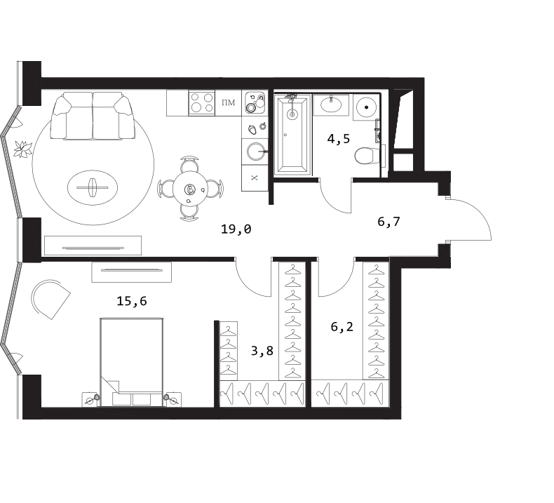 Планировка — A. Residence, 2-комн., 56 м²