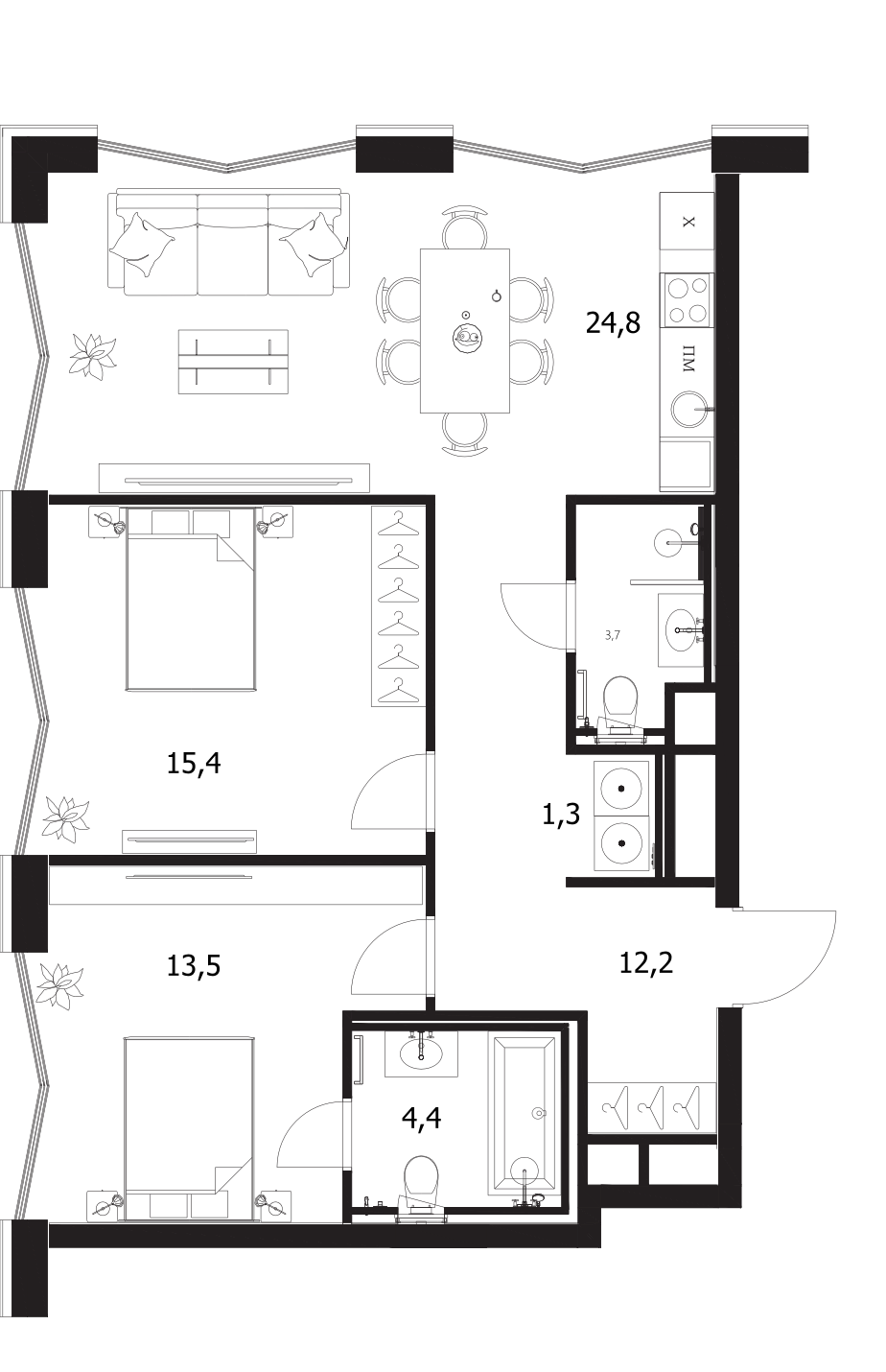 Планировка — A. Residence, 3-комн., 75 м²