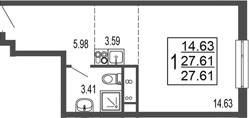 Планировка — Гармония парк, Студия, 28 м²