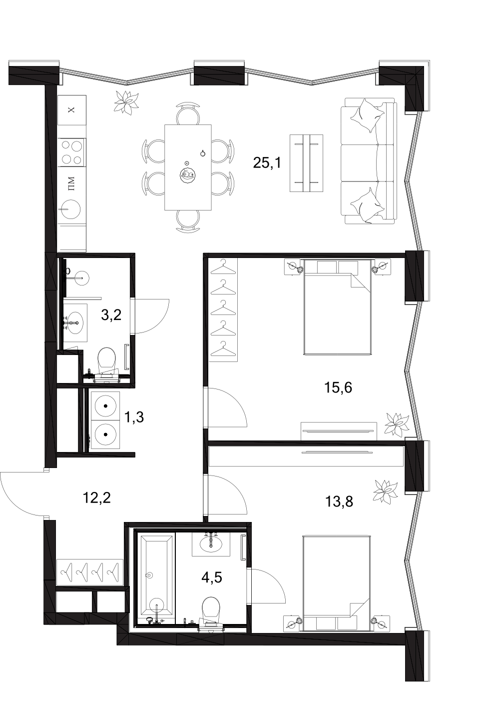 Планировка — A. Residence, 3-комн., 76 м²