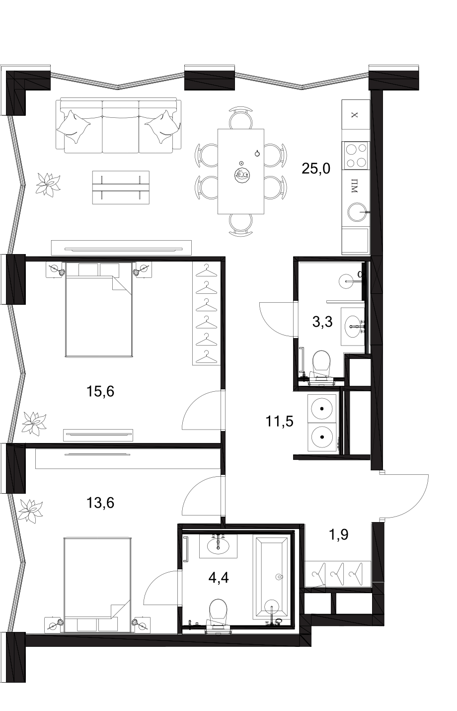 Планировка — A. Residence, 3-комн., 75 м²
