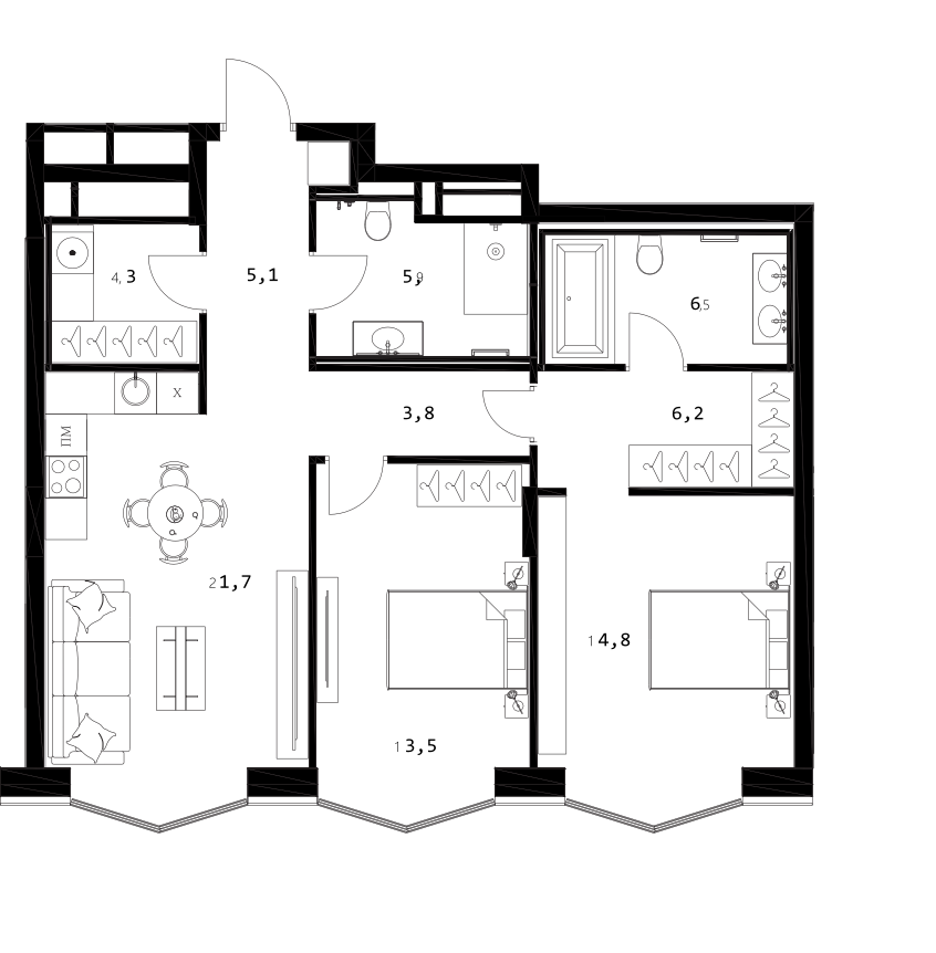 Планировка — A. Residence, 3-комн., 82 м²