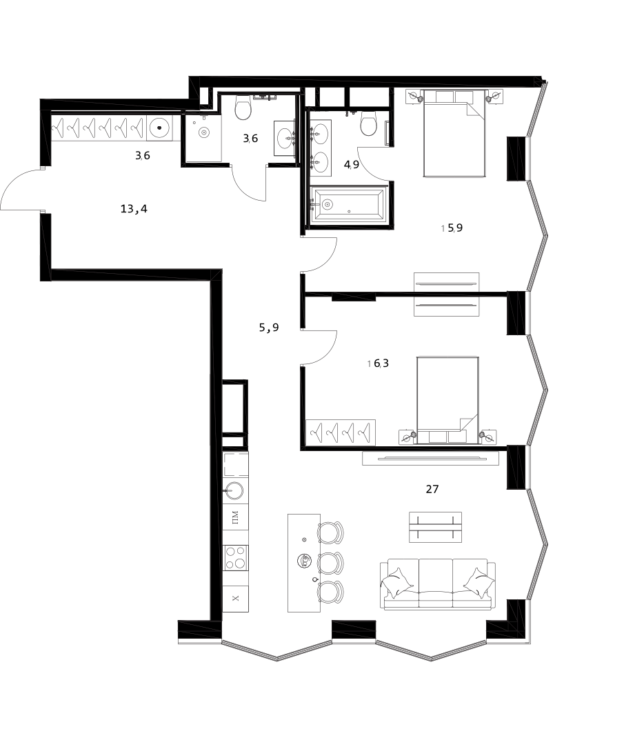Планировка — A. Residence, 3-комн., 91 м²