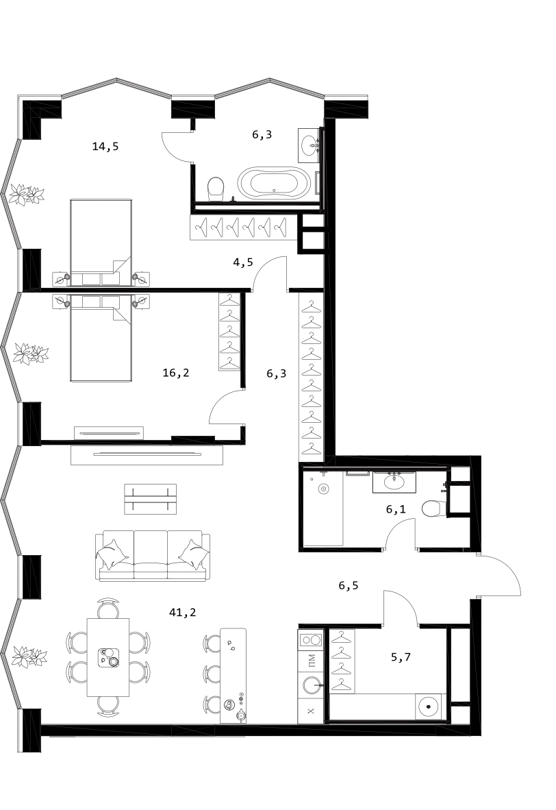 Планировка — A. Residence, 3-комн., 107 м²