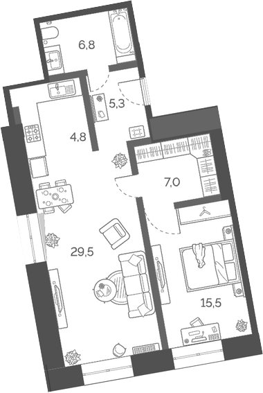 Планировка — Лайм, 2-комн., 69 м²