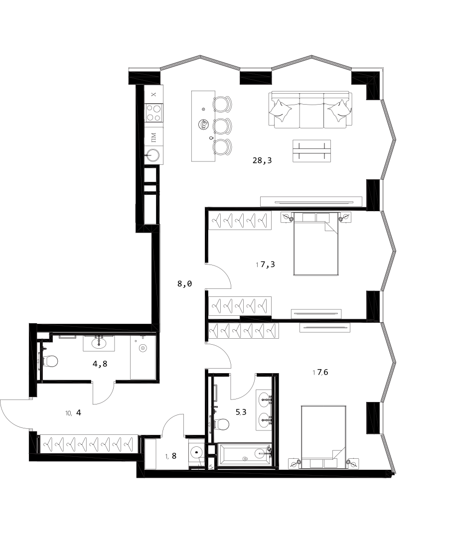 Планировка — A. Residence, 3-комн., 94 м²