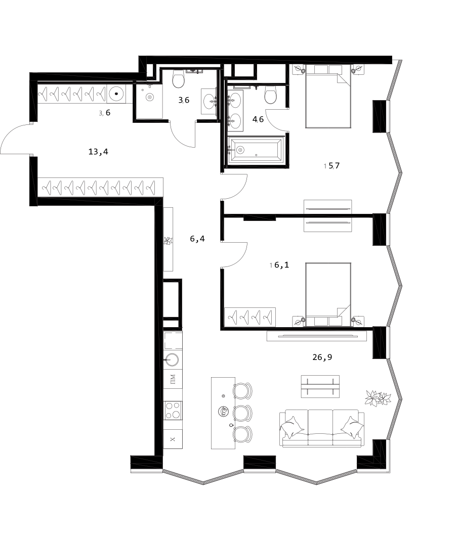 Планировка — A. Residence, 3-комн., 90 м²