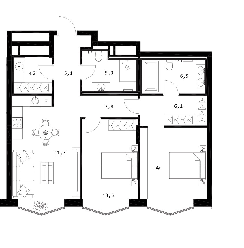Планировка — A. Residence, 3-комн., 81 м²