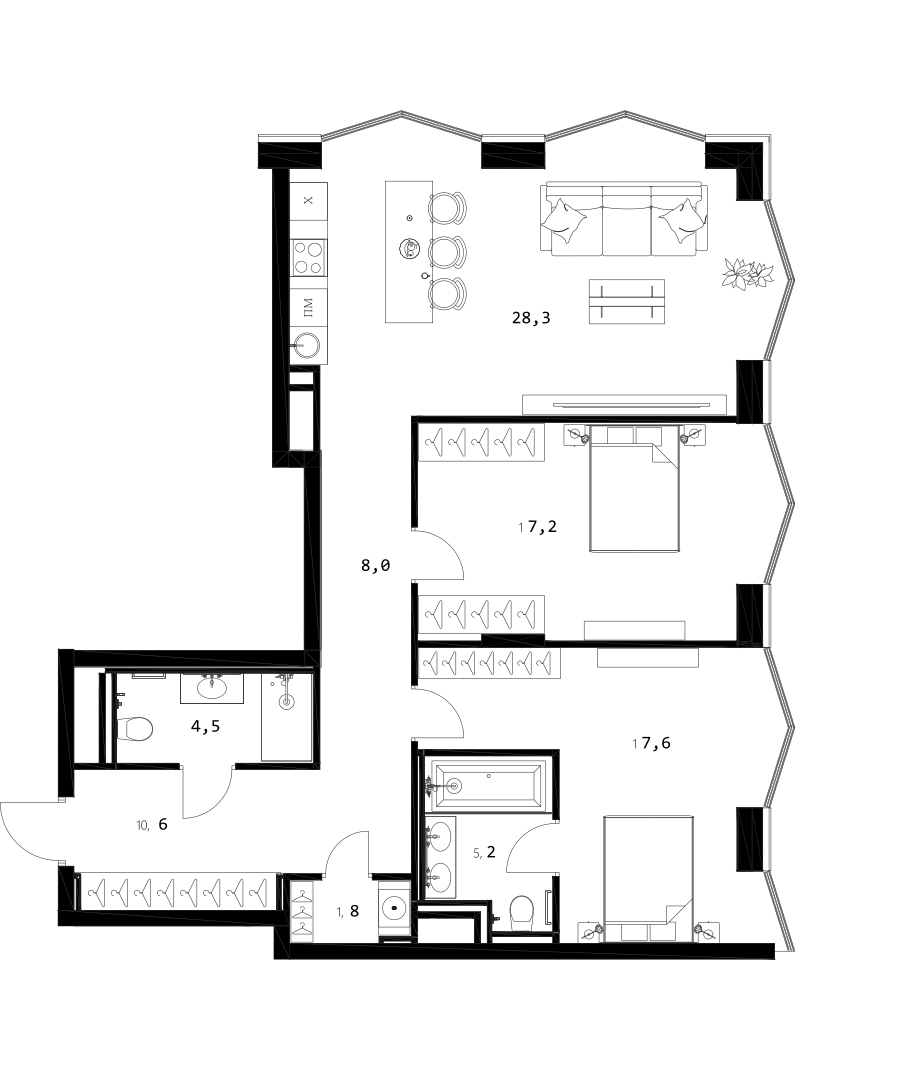 Планировка — A. Residence, 3-комн., 93 м²