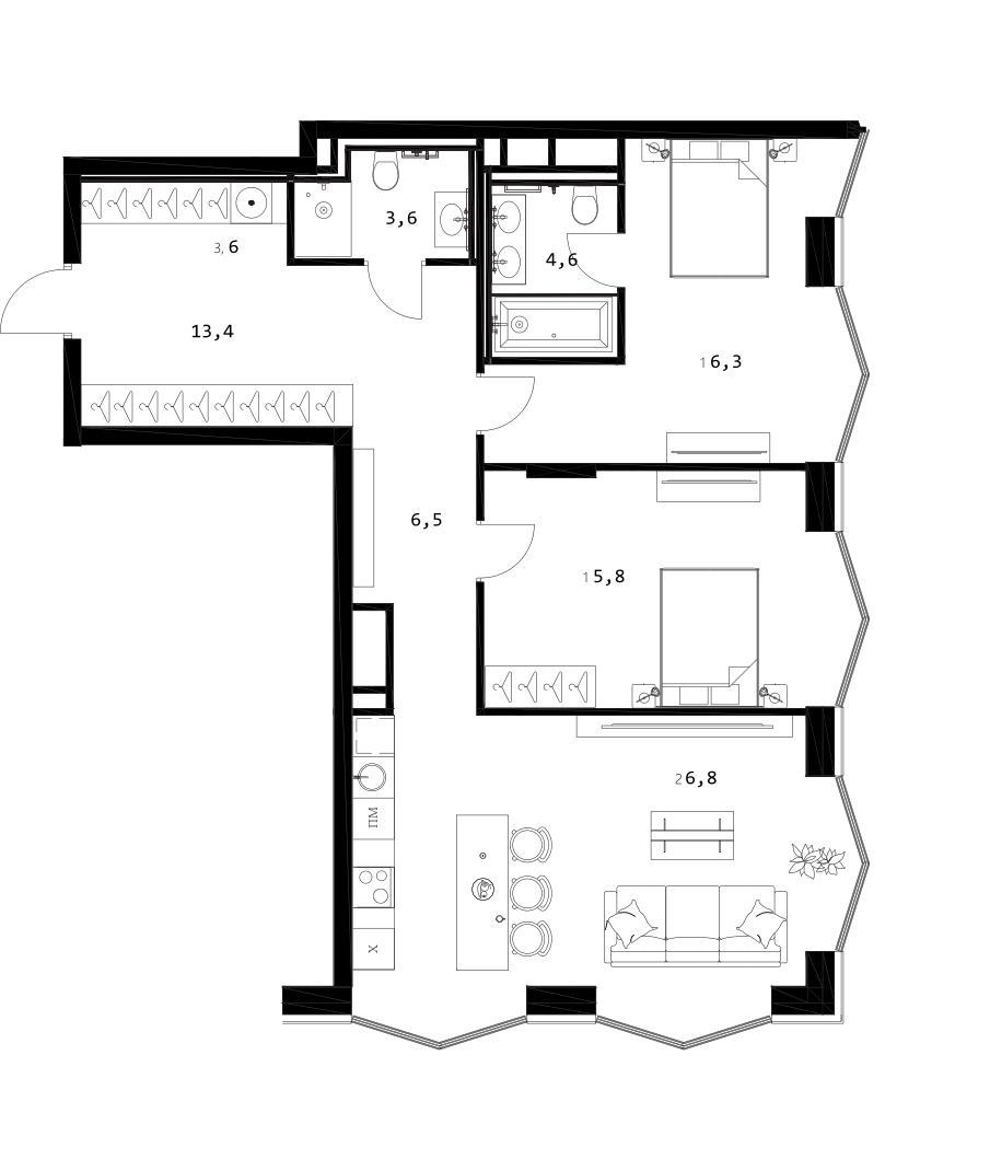 Планировка — A. Residence, 3-комн., 91 м²