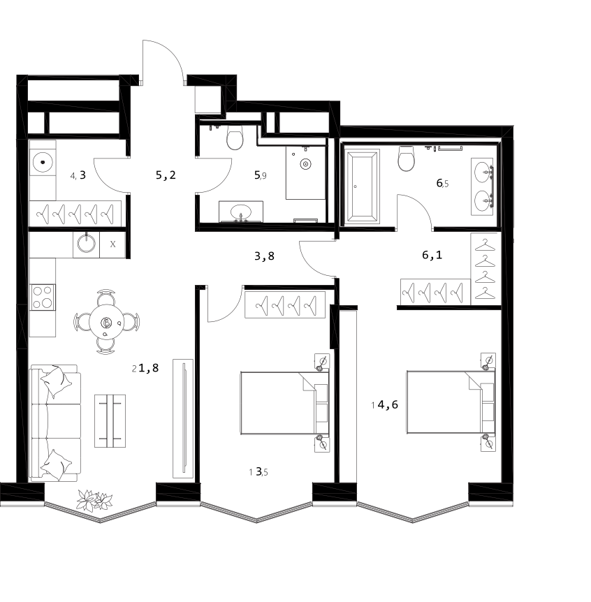 Планировка — A. Residence, 3-комн., 82 м²