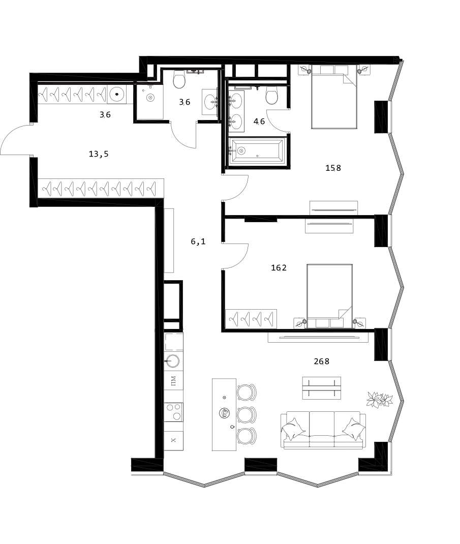 Планировка — A. Residence, 3-комн., 90 м²