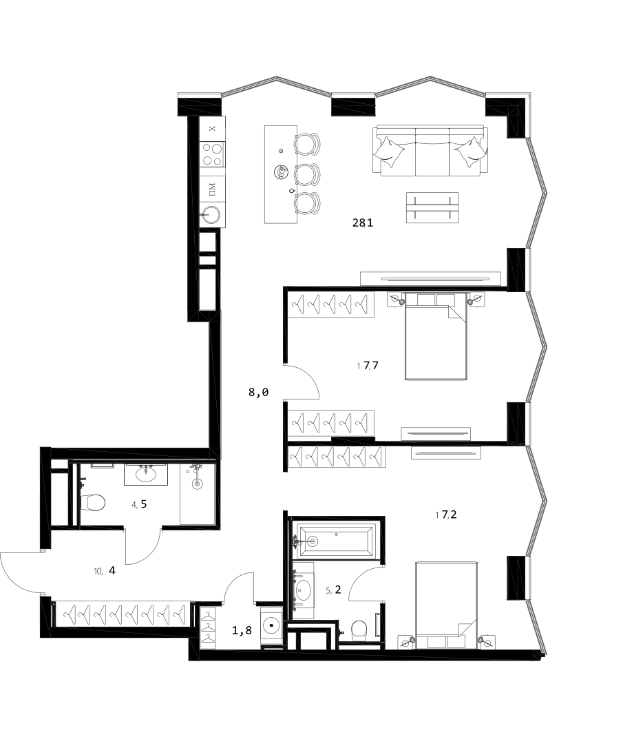 Планировка — A. Residence, 3-комн., 93 м²