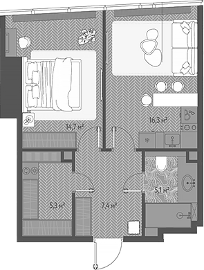 Планировка — ОНЕ, 2-комн., 49 м²