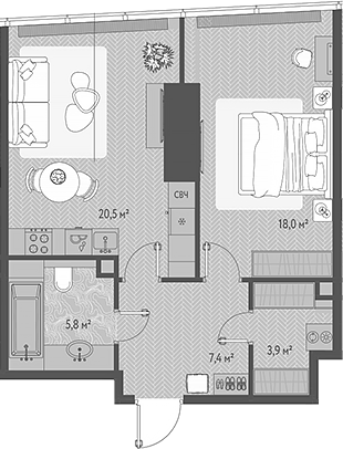 Планировка — ОНЕ, 2-комн., 56 м²