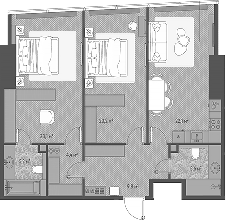 Планировка — ОНЕ, 3-комн., 90 м²