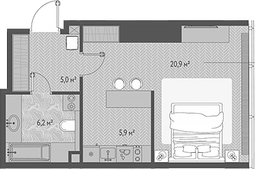 Планировка — ОНЕ, Студия, 38 м²