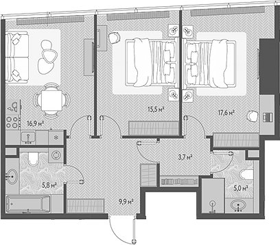 Планировка — ОНЕ, 3-комн., 74 м²