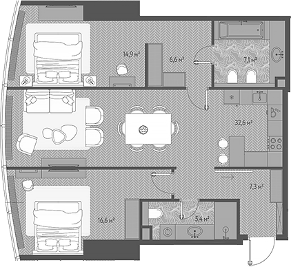 Планировка — ОНЕ, 3-комн., 91 м²