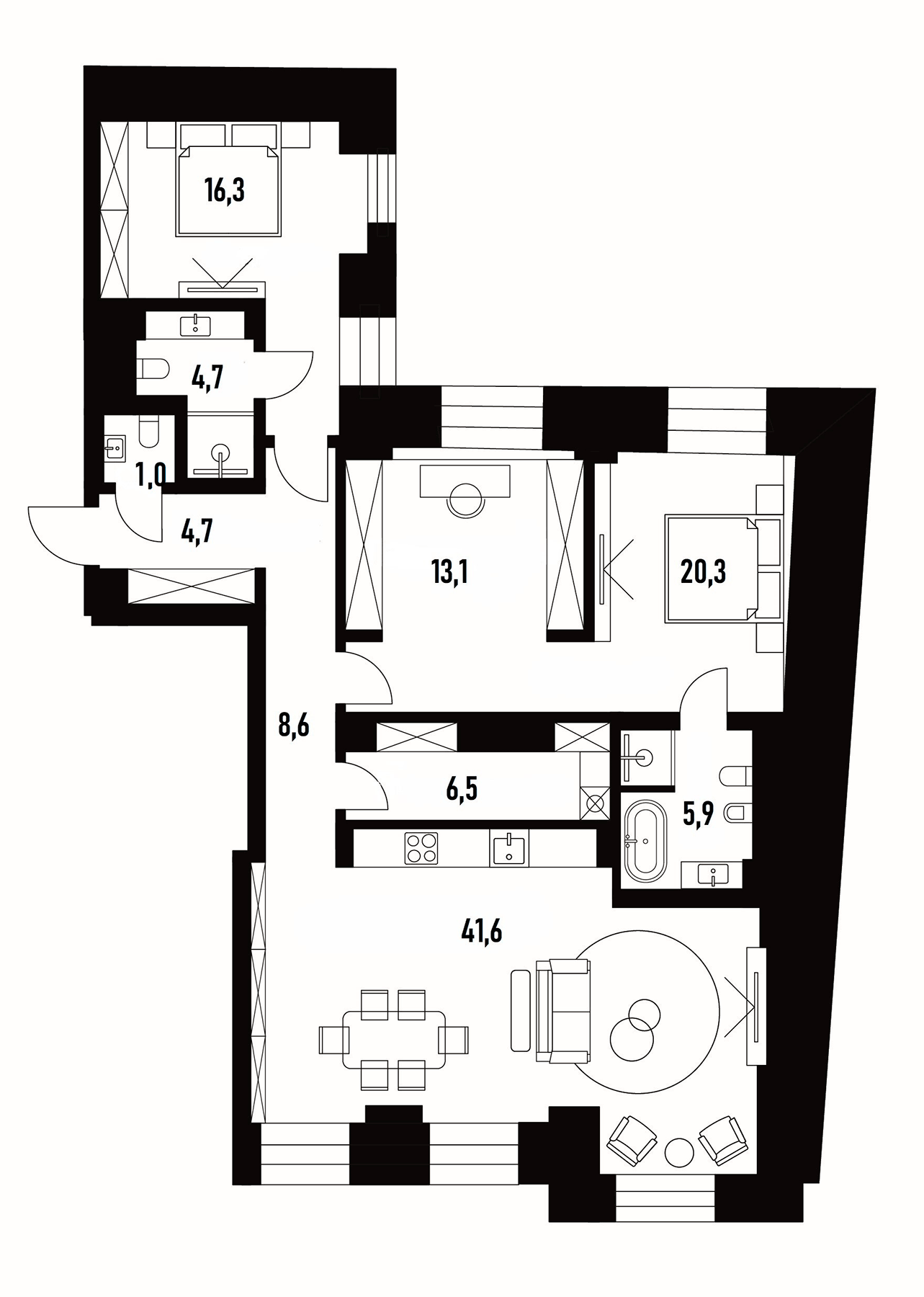 Планировка — Хлебный 19, 3-комн., 123 м²