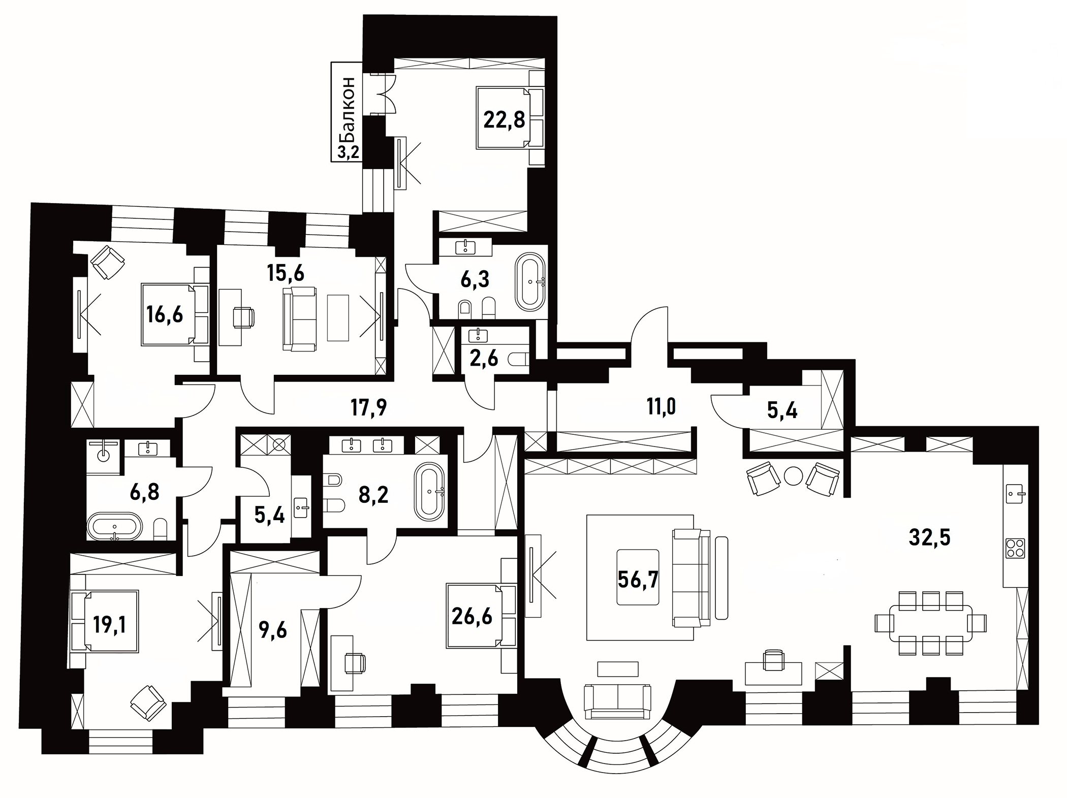 Планировка — Хлебный 19, 5-комн., 260 м²