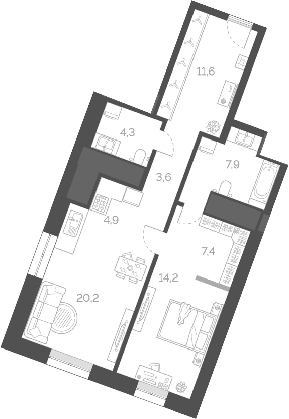Планировка — Лайм, 2-комн., 74 м²