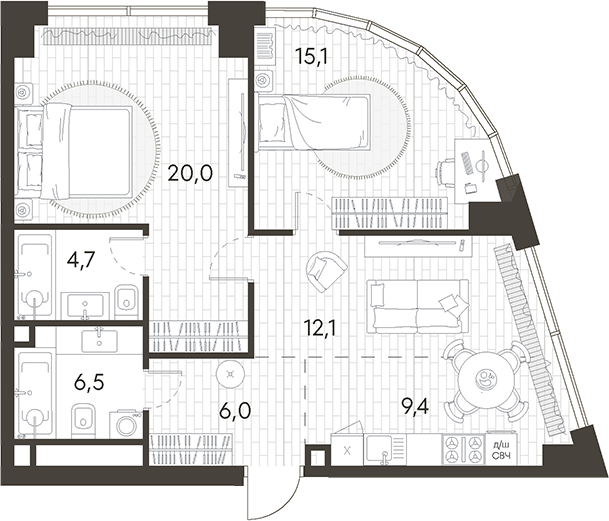 Планировка — Родина Парк, 3-комн., 74 м²