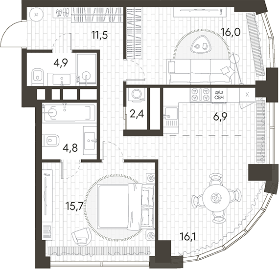 Планировка — Родина Парк, 3-комн., 78 м²