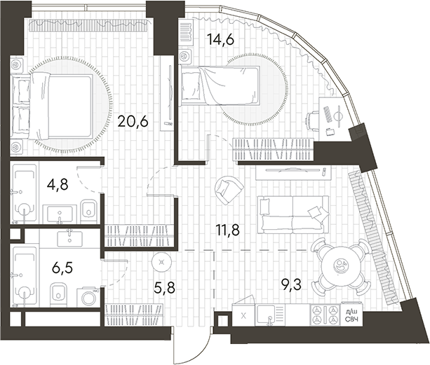 Планировка — Родина Парк, 3-комн., 73 м²