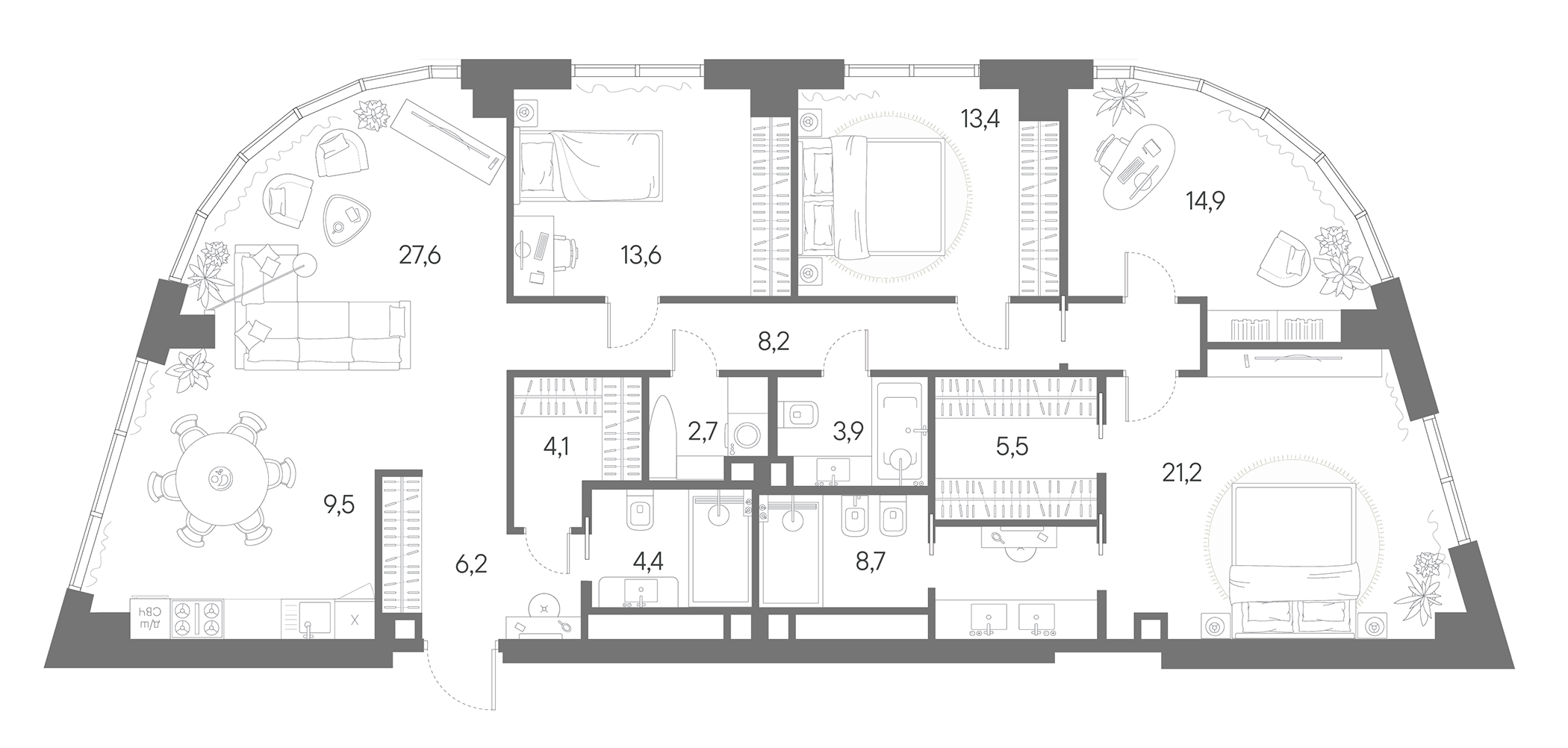 Планировка — Родина Парк, 5-комн., 144 м²