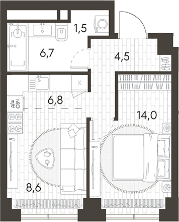 Планировка — Родина Парк, 2-комн., 42 м²