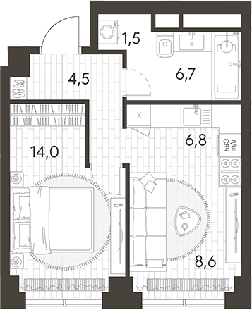 Планировка — Родина Парк, 2-комн., 42 м²