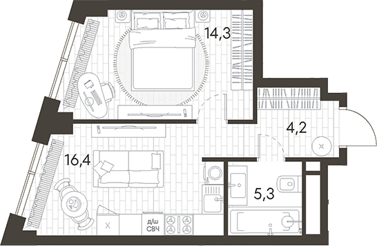 Планировка — Родина Парк, 1-комн., 40 м²