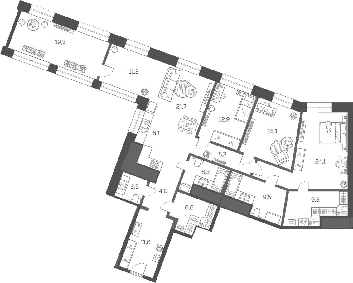 Планировка — Лайм, 4-комн., 150 м²