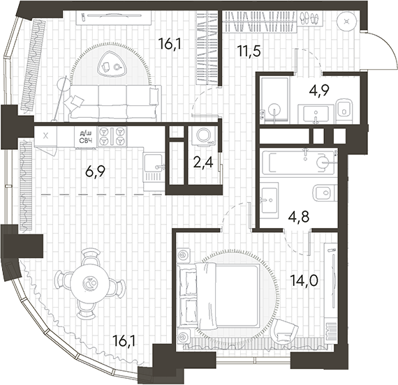 Планировка — Родина Парк, 3-комн., 77 м²