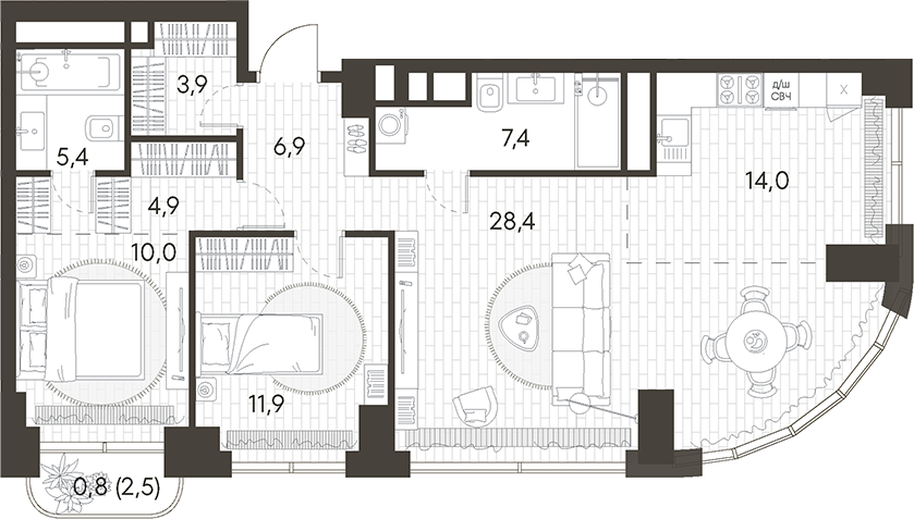 Планировка — Родина Парк, 3-комн., 93 м²
