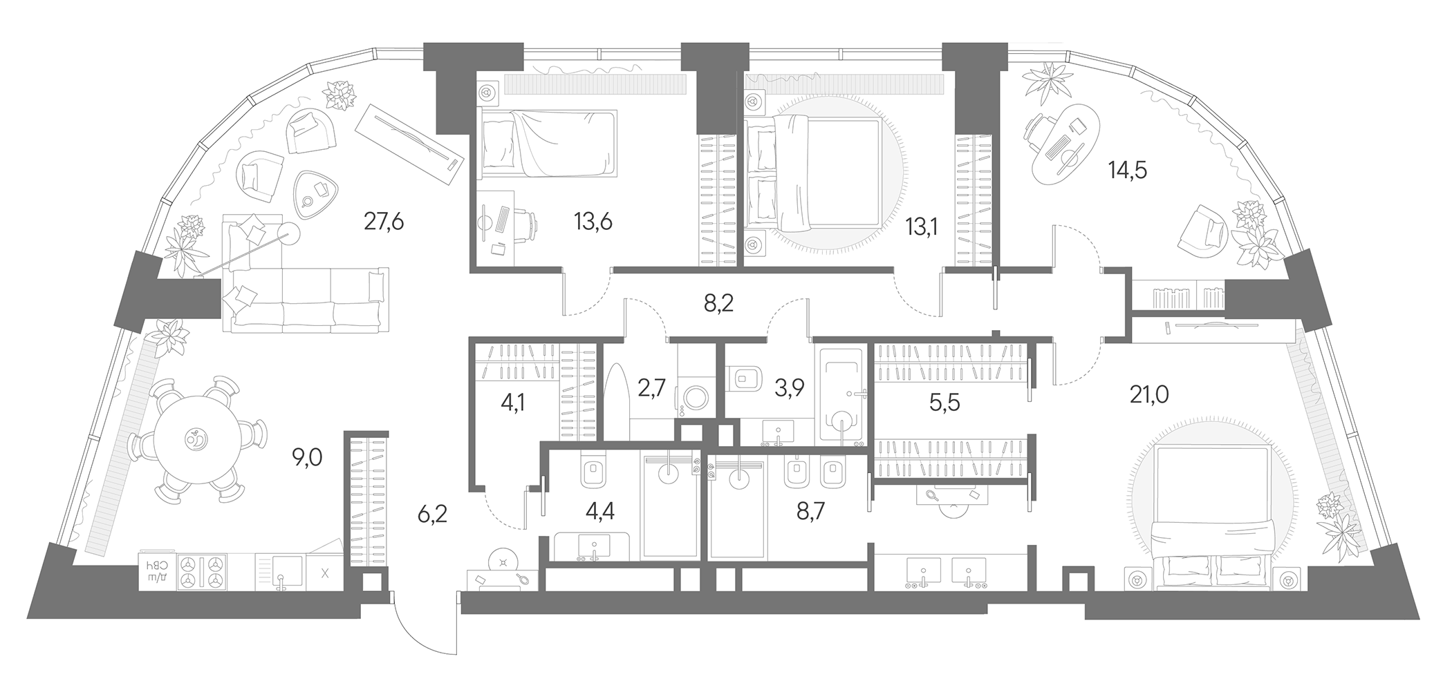 Планировка — Родина Парк, 5-комн., 143 м²