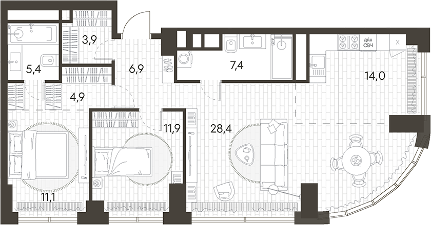 Планировка — Родина Парк, 3-комн., 94 м²