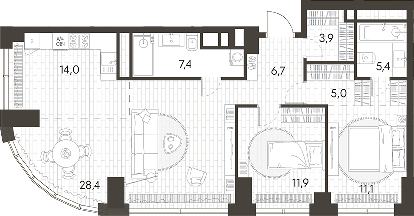 Планировка — Родина Парк, 3-комн., 94 м²