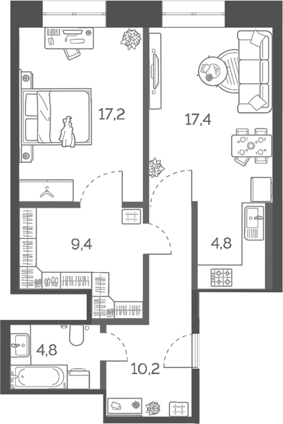 Планировка — Лайм, 2-комн., 64 м²
