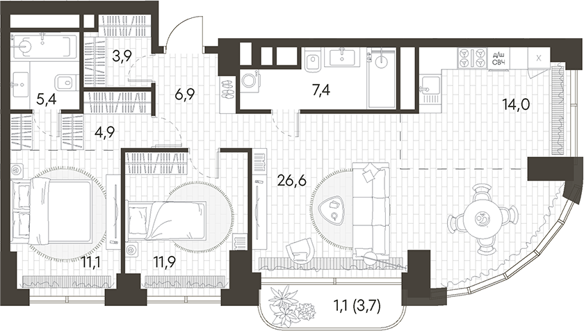 Планировка — Родина Парк, 3-комн., 92 м²