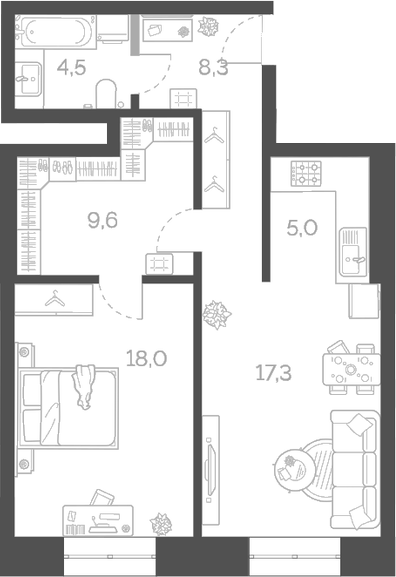 Планировка — Лайм, 1-комн., 63 м²