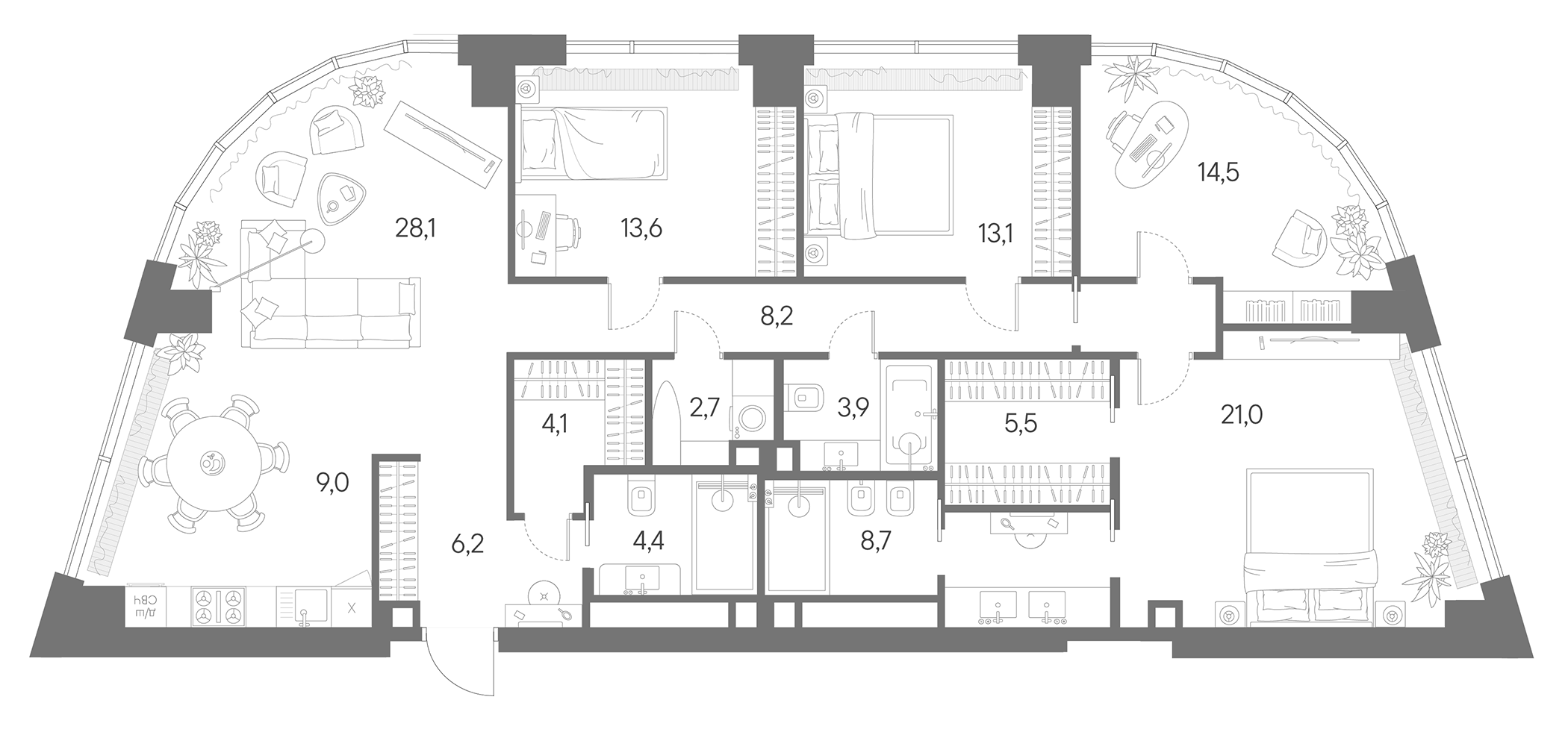 Планировка — Родина Парк, 5-комн., 143 м²