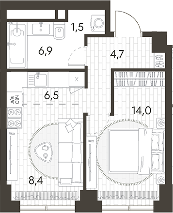 Планировка — Родина Парк, 2-комн., 42 м²