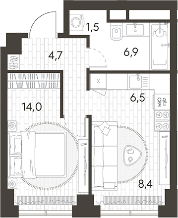 Планировка — Родина Парк, 2-комн., 42 м²