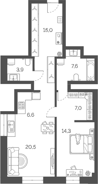 Планировка — Лайм, 2-комн., 75 м²