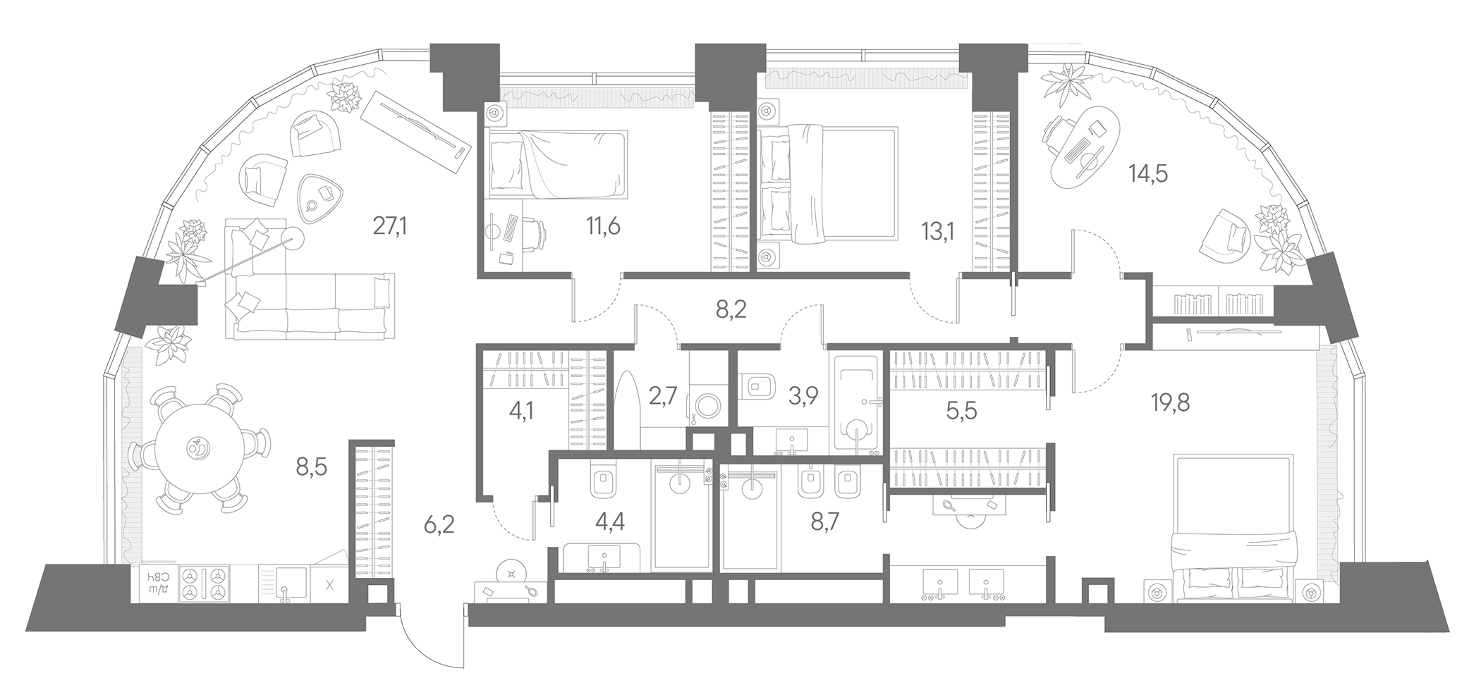 Планировка — Родина Парк, 5-комн., 138 м²